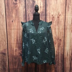 J. Crew Dark Green Floral Blouse with Ruffle Sleeves Womens Size Medium!